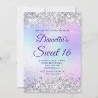 Silver Glitter Shiny Iridescent Foil Sweet 16 Invitation