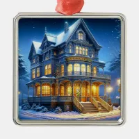 Big Beautiful Victorian House at Christmas Metal Ornament