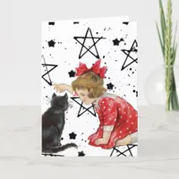 Vintage Girl and Black Cat Halloween Holiday Card