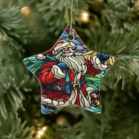 Majestic Stained Glass Santa and Reindeer Ceramic Ornament