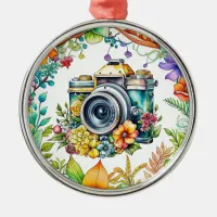 Retro Camera in Vintage Flowers Christmas Metal Ornament