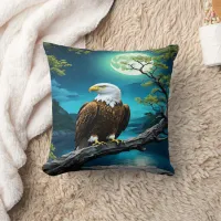 Eagle Perched on Branch Under Full Moon Throw Pillow