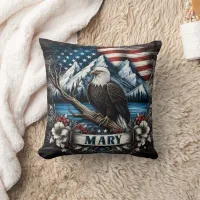 Bald Eagle Perched With American Flag Background Throw Pillow