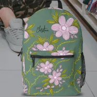 Pink Flowers Light Green Leaves Stems and Name Printed Backpack