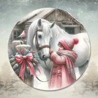 Little Girl and her Horse Rustic Christmas Classic Round Sticker