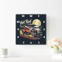 Vintage hot rod racing under a full moon at night square wall clock