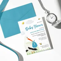 Rustic Stork with Bee & Butterfly Boy Baby Shower Invitation