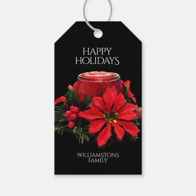 Festive Red Christmas Candle Holly Poinsettias Gift Tags