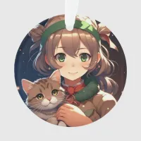 Cute Anime Girl Holding a Kitten Christmas Ornament