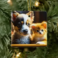 Cute Personalized Puppy and Kitten Christmas Ceramic Ornament