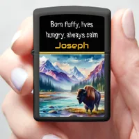 Buffalo Roaming Near a Mountain River at Sunset Zippo Lighter