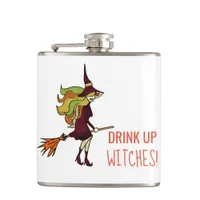 Funny Girly Cute Halloween Witch on Broomstick Flask