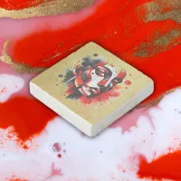 Red, black and white Abstract Face on gold | Stone Magnet