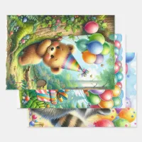 Cartoon Squirrel, Baby Bear and Racoon Birthday Wrapping Paper Sheets