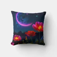 Psychedelic Poppy Landscape with Moon  Throw Pillow