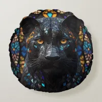 Black Panther Mosaic Stained Glass Round Pillow