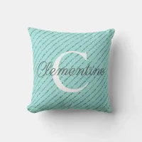 Girly Teal Turquoise Glitter Stripes Monogram Throw Pillow