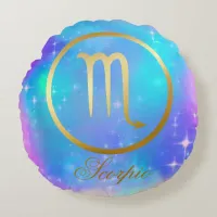 Zodiac Sign Scorpio Gold on Colorful Background | Round Pillow