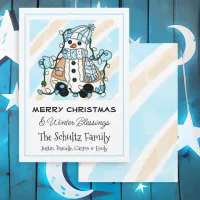 Cute Snowman Holding Christmas Lights Personalized Card