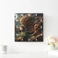 Forest Deities Embrace Under Moonlight Square Wall Clock