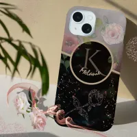 Black Pink Grey Floral Monogram Phone Case