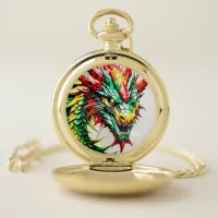 Fire breathing dragon red, green, and yellow scale pocket watch