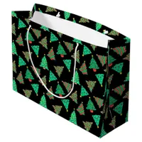 Tree Pattern Christmas Holiday Black Large Gift Bag