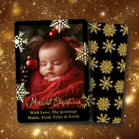 Gold Foil Snowflakes and Family Photo Personalized Foil Holiday Card