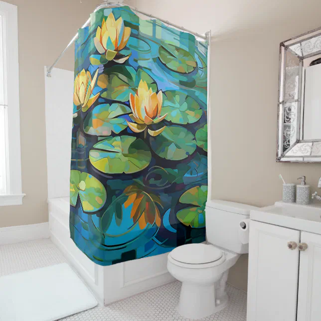 Water lilies and lotus flowers watercolor painting shower curtain