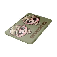 Cute Kawaii Army Camouflage Monogram on Green | Bath Mat