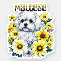 Maltese Small :White Dog Bree in Yellow Flowers Sticker