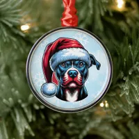 Pitbull Dog in Santa Hat Christmas  Metal Ornament