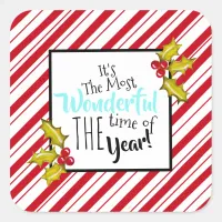 Messy Peppermint Stripe Holly Fun Christmas Quote Square Sticker