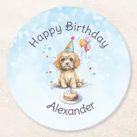 Cute Puppy with Party Hat Birthday Round Paper Coaster