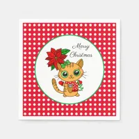 Merry Christmas | Orange Cat with Poinsettia  Napkins