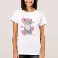 Cute Grey Cat Love Cartoon Pet Art Design T-Shirt