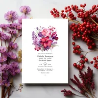 Cherry Red and Heather Purple Floral Fall Wedding Invitation