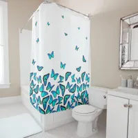 Tropical Blue Butterflies Pattern Fading to White Shower Curtain