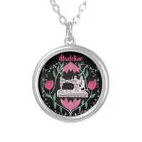 Vintage Sewing Machine:Floral Pattern Personalized Silver Plated Necklace