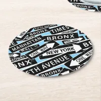 New York City Street Sign Pattern on Light Blue Round Paper Coaster