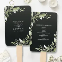 Dark Green Modern Greenery Leaves Wedding Program Hand Fan