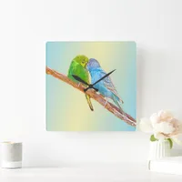 Cute kissing budgies -acrylic on pastel background square wall clock