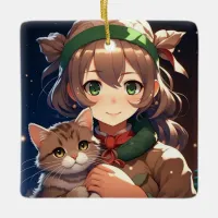 Cute Anime Girl Holding a Kitten Christmas Ceramic Ornament