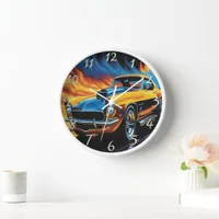 Classic hot rod with flames on a dynamic highway clock