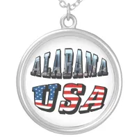 Alabama Picture and USA Flag Font Silver Plated Necklace