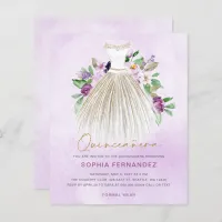 Budget Purple Gold Dress Quinceañera Invitation