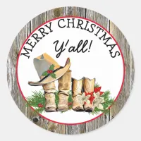 Merry Christmas Y'all Country and Western Rustic Classic Round Sticker