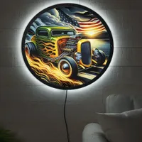 Vintage hotrod racing by a lakeside at sunset LED sign