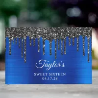 Dripping Black Glitter Royal Blue Glam Sweet 16 Guest Book