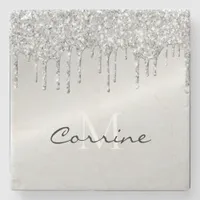 Monogram Silver Dripping Glitter Metallic Platinum Stone Coaster